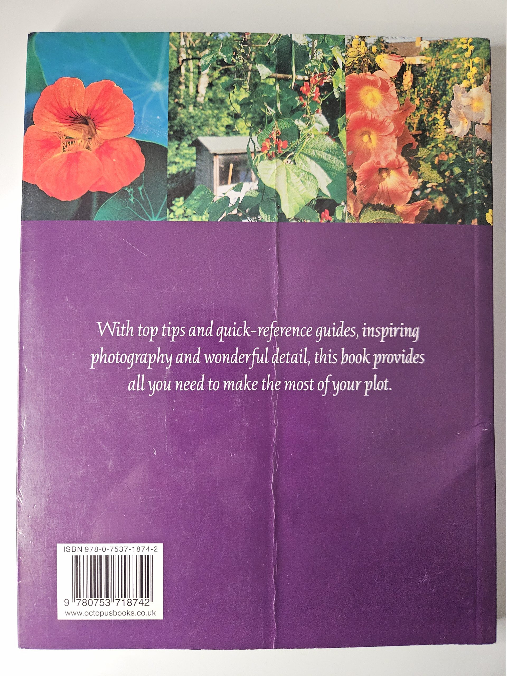 Back cover of a purple book with a three-panel flower collage above and a white barcode at the bottom-left.