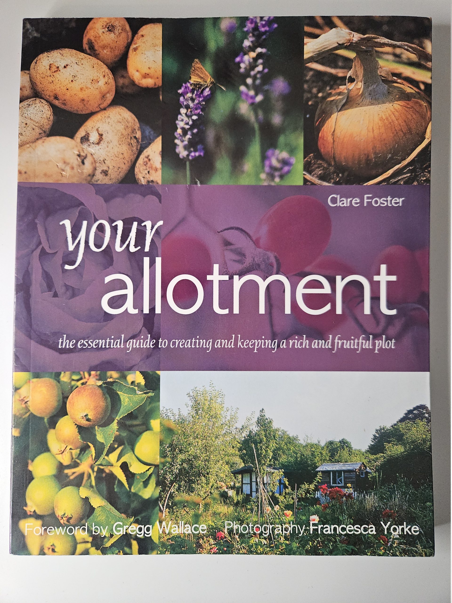 Book cover for 'Your Allotment' by Clare Foster, featuring a collage of potatoes, lavender, an onion, and a garden scene on a purple background.