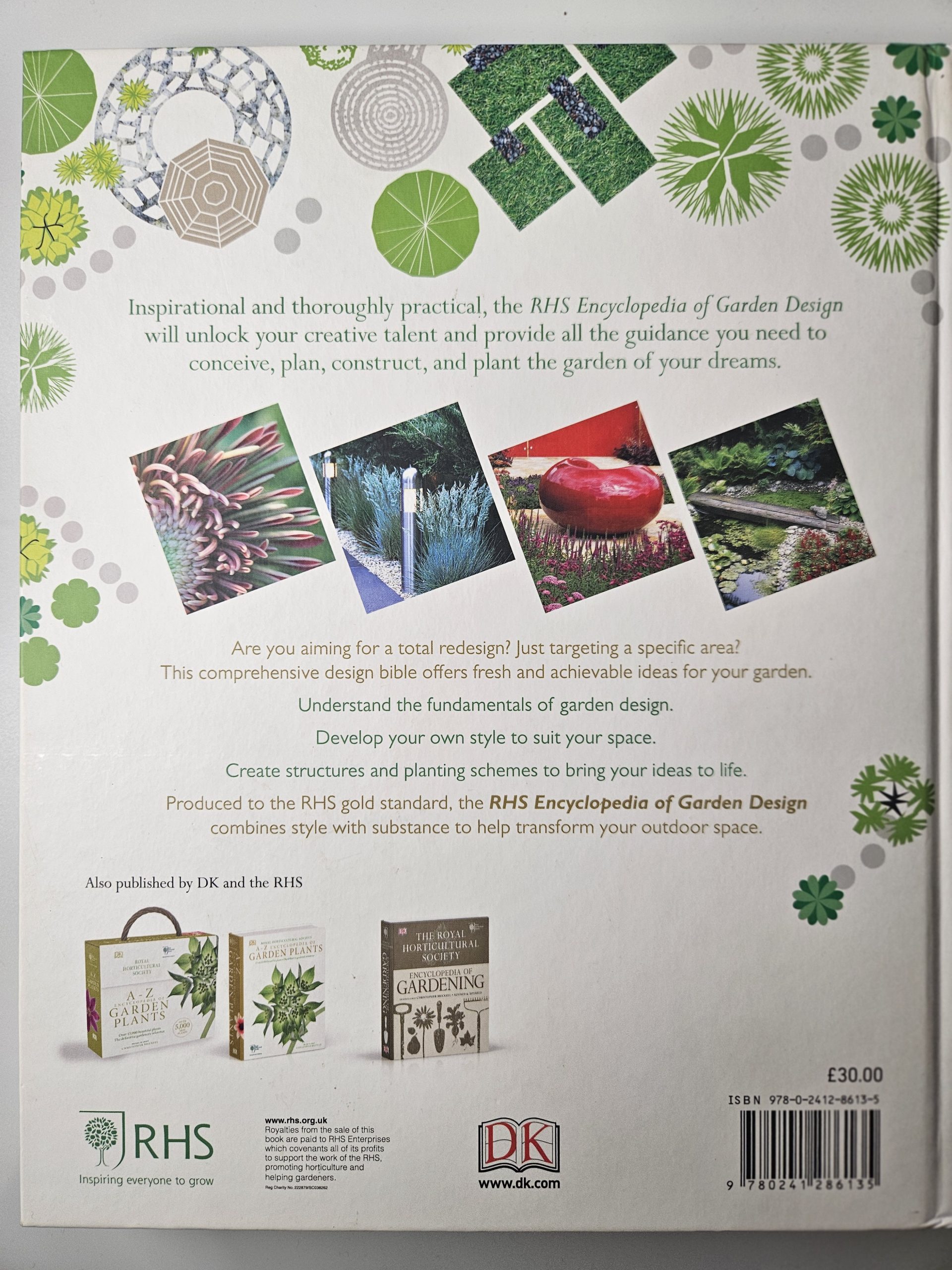 Back cover showing decorative green garden motifs, sample photos of garden scenes, and publisher logos (RHS and DK) with price £30.