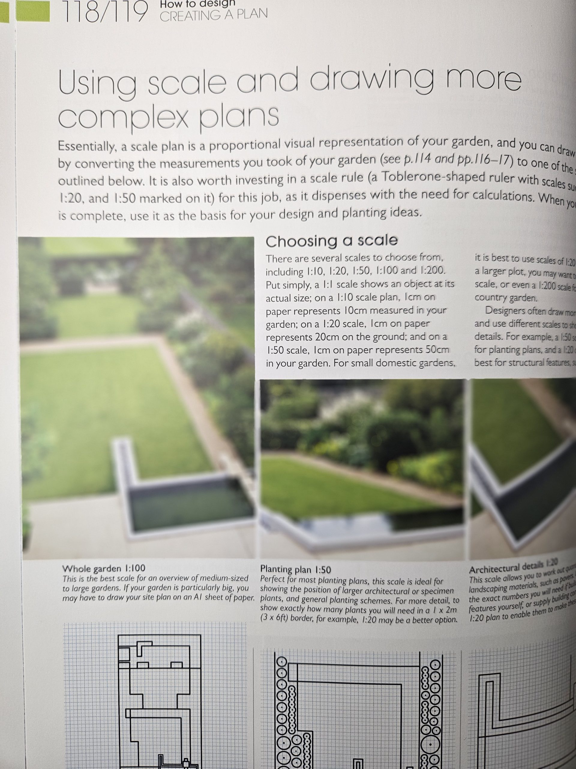 Open magazine spread showing architectural plan on the left, a garden photo in the center, and text columns to the right.